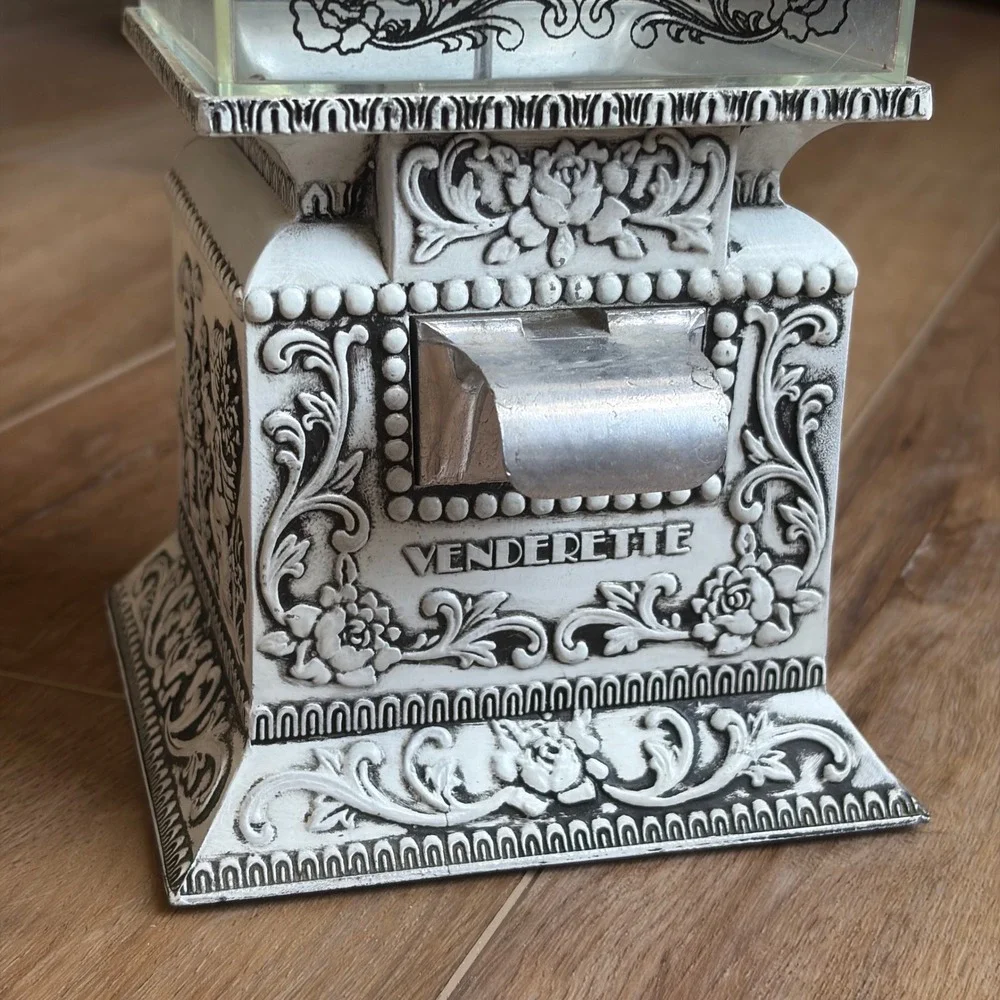 Vintage Venderette Candy Nut Dispenser Ornate White Black Cast Metal Glass Decor